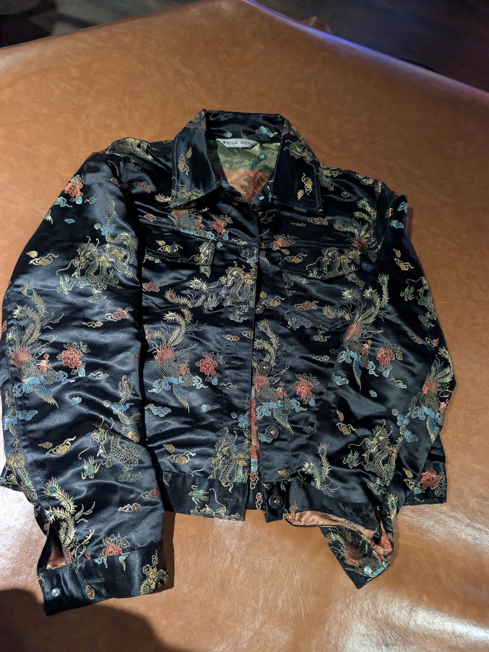 • Vintage 90s Silk Box Asian Dragon Phoenix Embroidered Satin Jacket 8